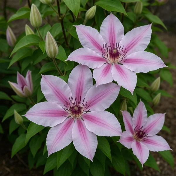 Clematis ‘Nelly Moser’ (Clematis (Large-Flowered Group 2) ‘Nelly Moser’)
